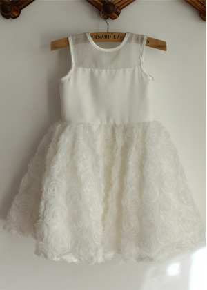 Sheer Neck Ivory Organza Rosette Short Flower Girl Dress